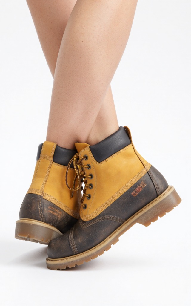 A female model wearing work boots, against a white background, with a close   up of the feet